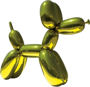 Jeff Koons, Balloon Dog (Yellow), 1994–2000. Mirror-polished stainless steel with transparent color coating; 121 × 143 × 45 in. (307.3 × 363.2 × 114.3 cm). Private collection. © Jeff Koons